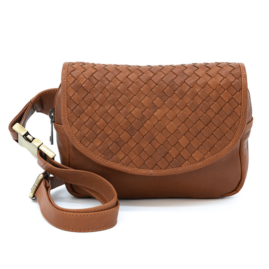 Woven Leather Fanny Pack Bag - Black and Brown
