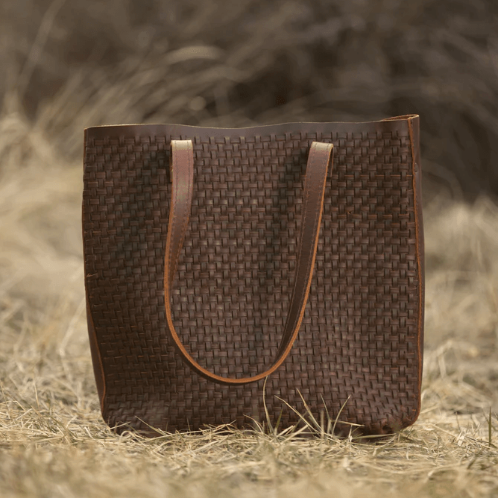 Woven on sale leather tote