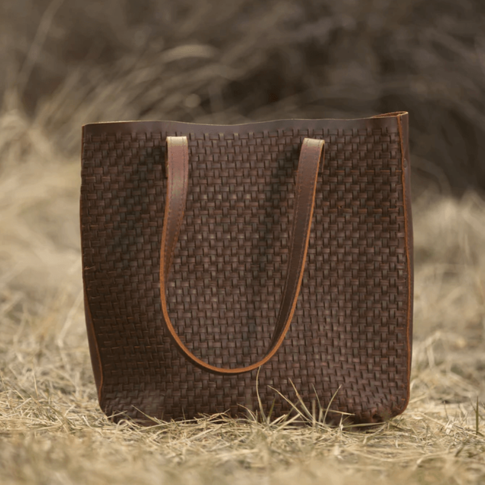 Woven sales leather tote