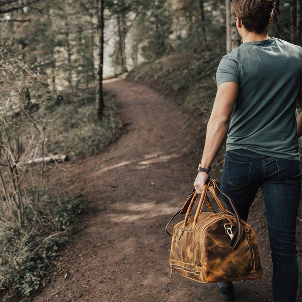 Men's Leather Duffel Bag - Airport Travel Weekend Bag Walking