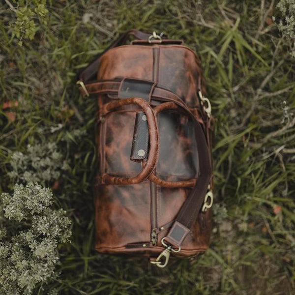 Men's Leather Duffel Bag - Airport Travel Weekend Bag Top