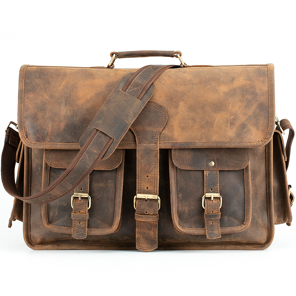 Leather Messenger Bag For Men For 15 and 17 Inch Laptops Brown