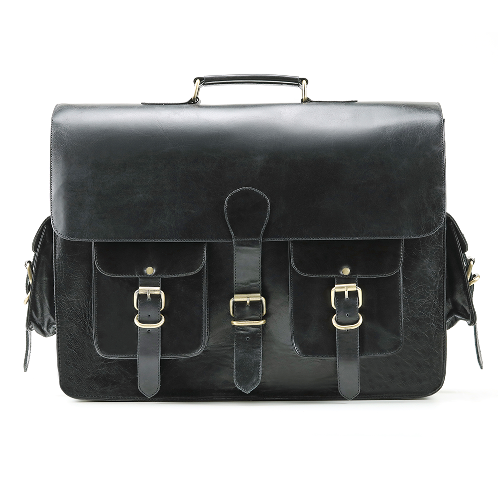 Black Leather Messenger Briefcase Bag for Men