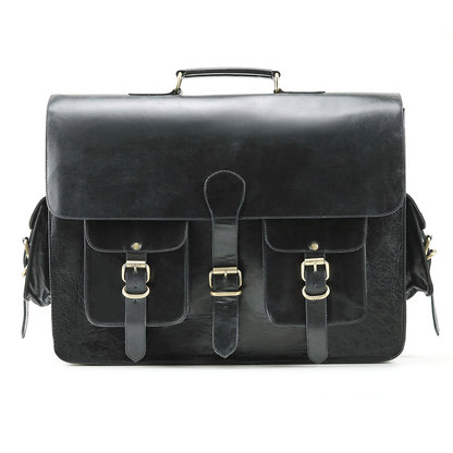 Black Leather Messenger Briefcase Bag for Men