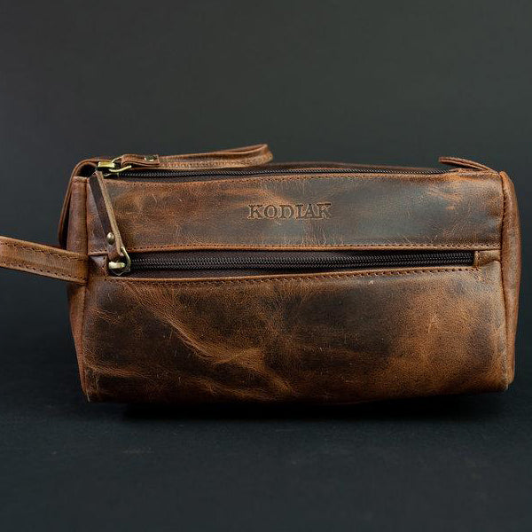 Leather Dopp Kit - Rugged wet shave leather bag toiletry kit