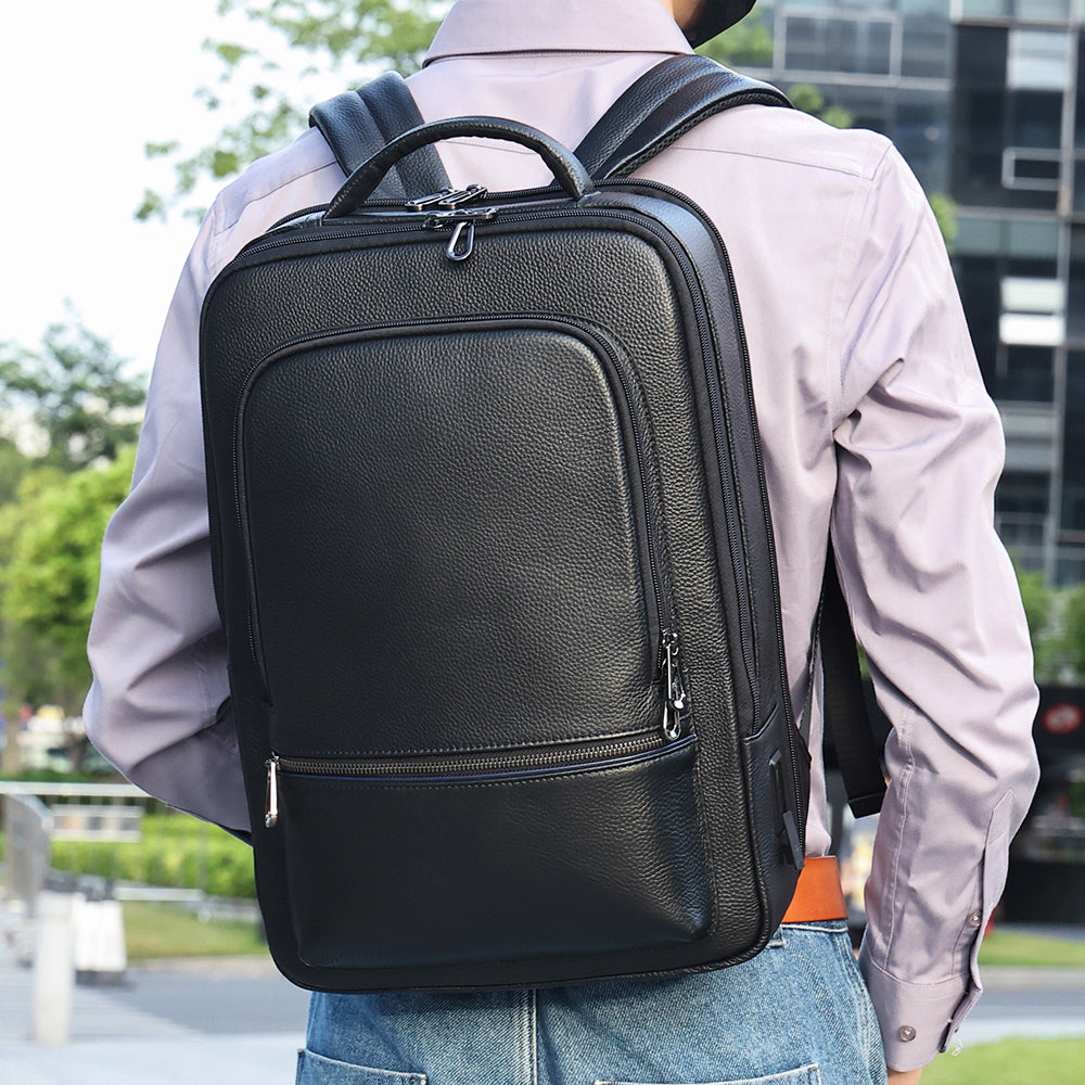 Black leather shop backpack for school