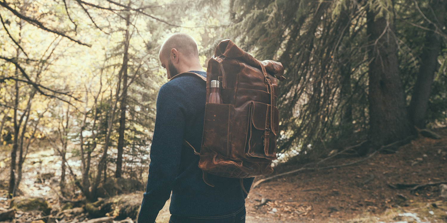 brown leather backpack