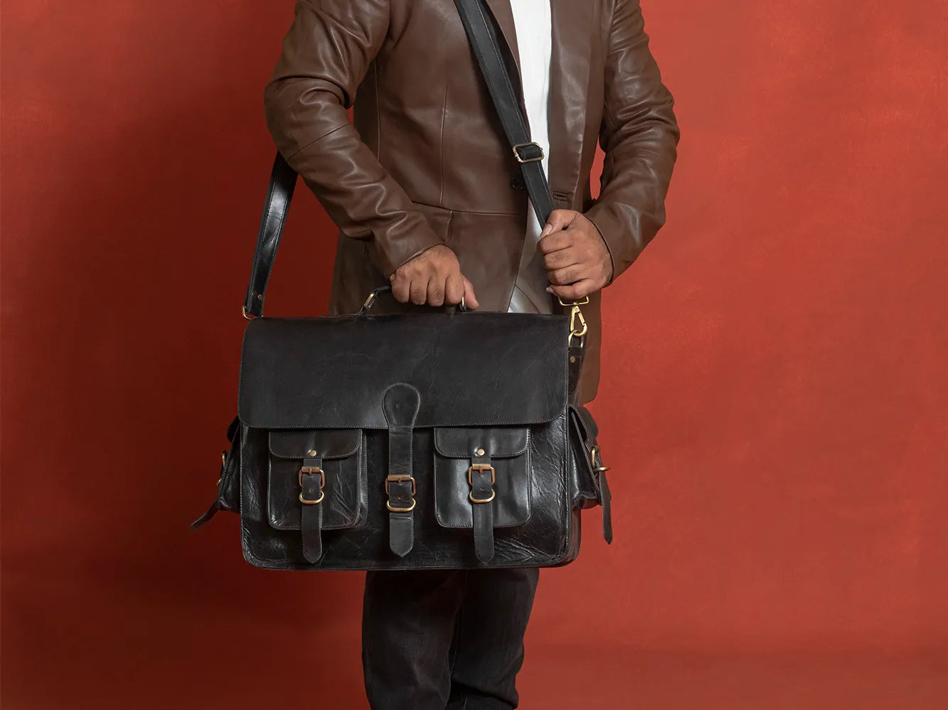 Black Leather Laptop Briefcase Full Grain Messenger Bag for Men