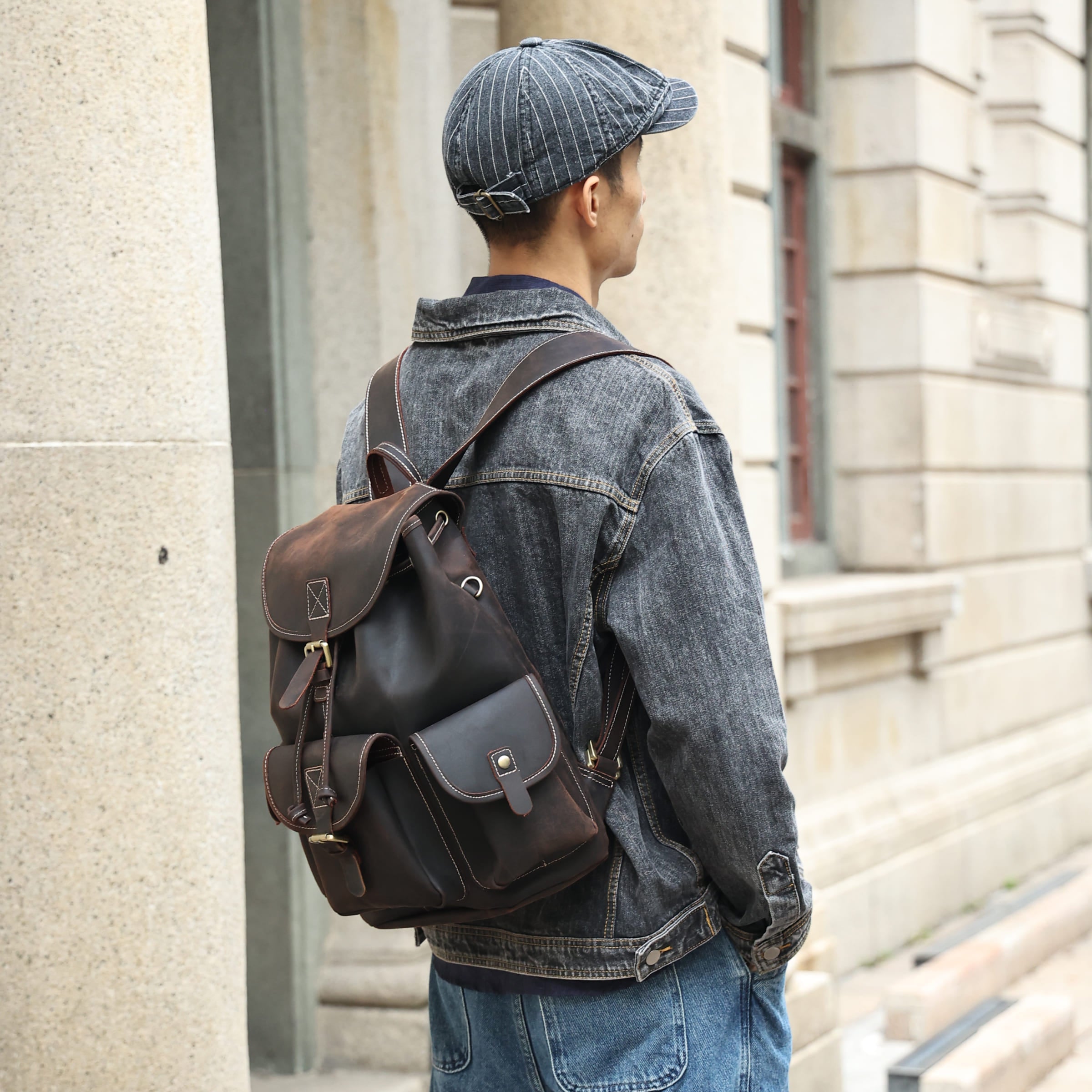 Leather Drawstring Backpack Large Top Grain Leather Rucksack