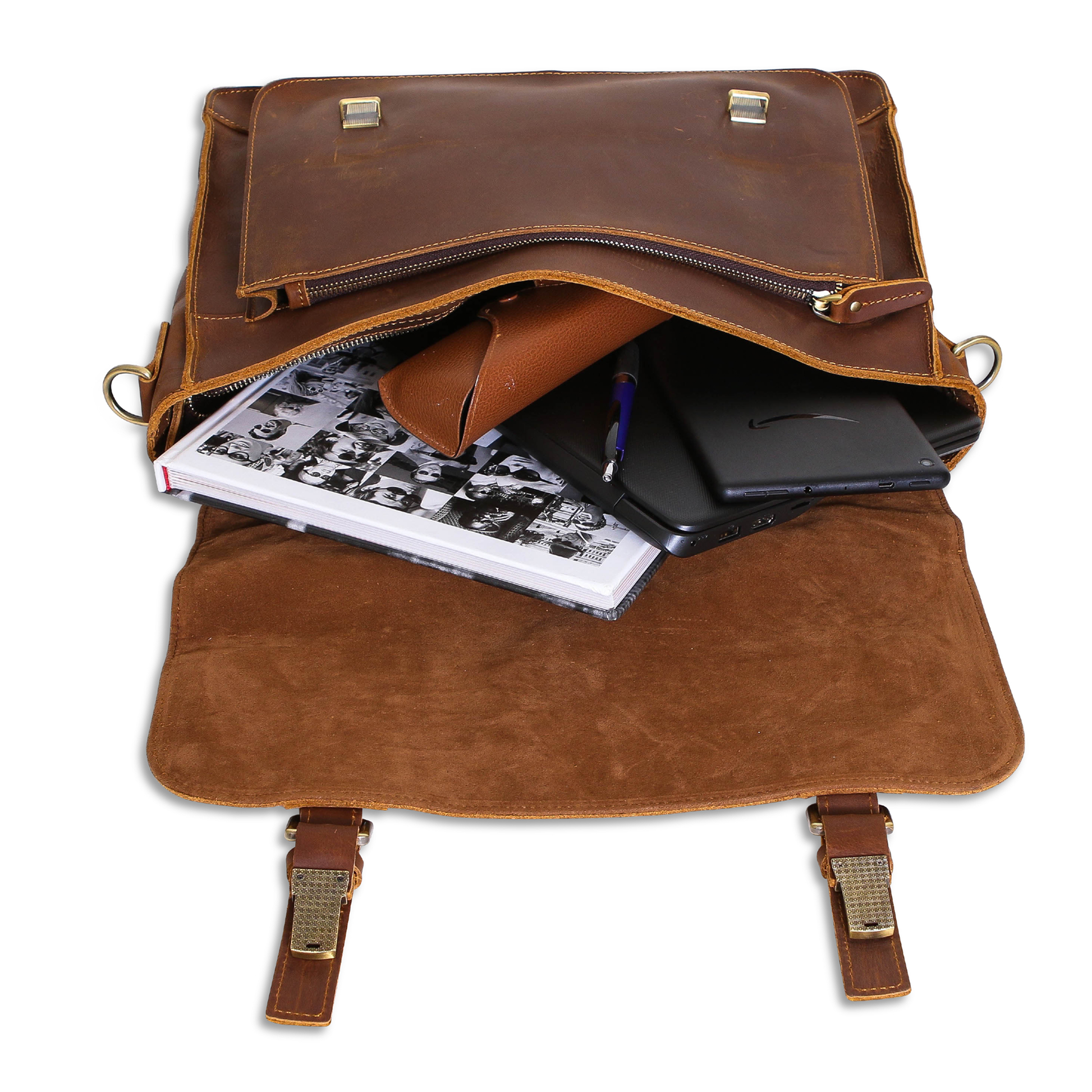 Leather Messenger Book Bag for Laptop & iPad, USA Made