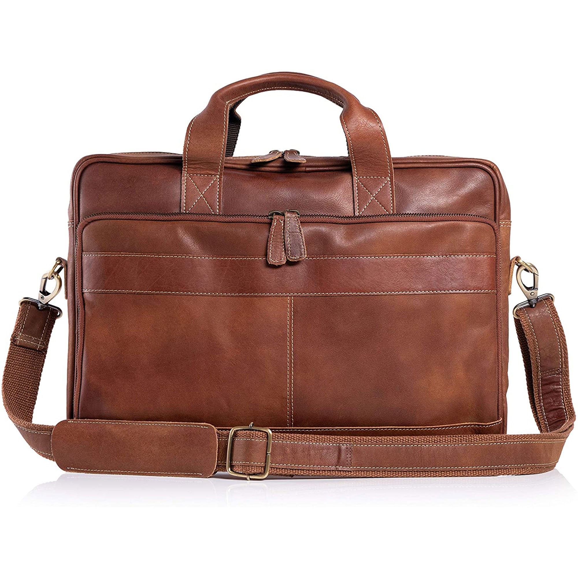 Slim Leather Laptop Briefcase with Luggage Strap