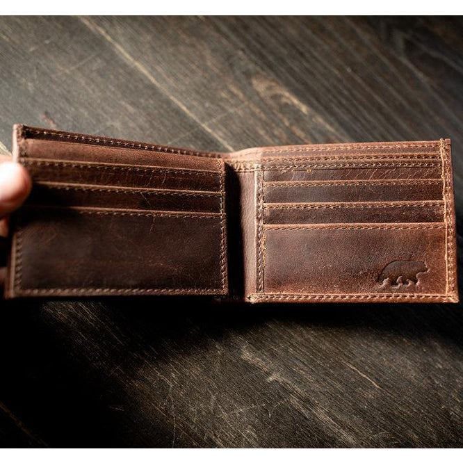 Men's Bifold Top Grain Leather Wallet Open