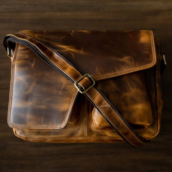 Canvas Messenger Bag w/Leather Strap, Asymmetrical Flap W/Leather