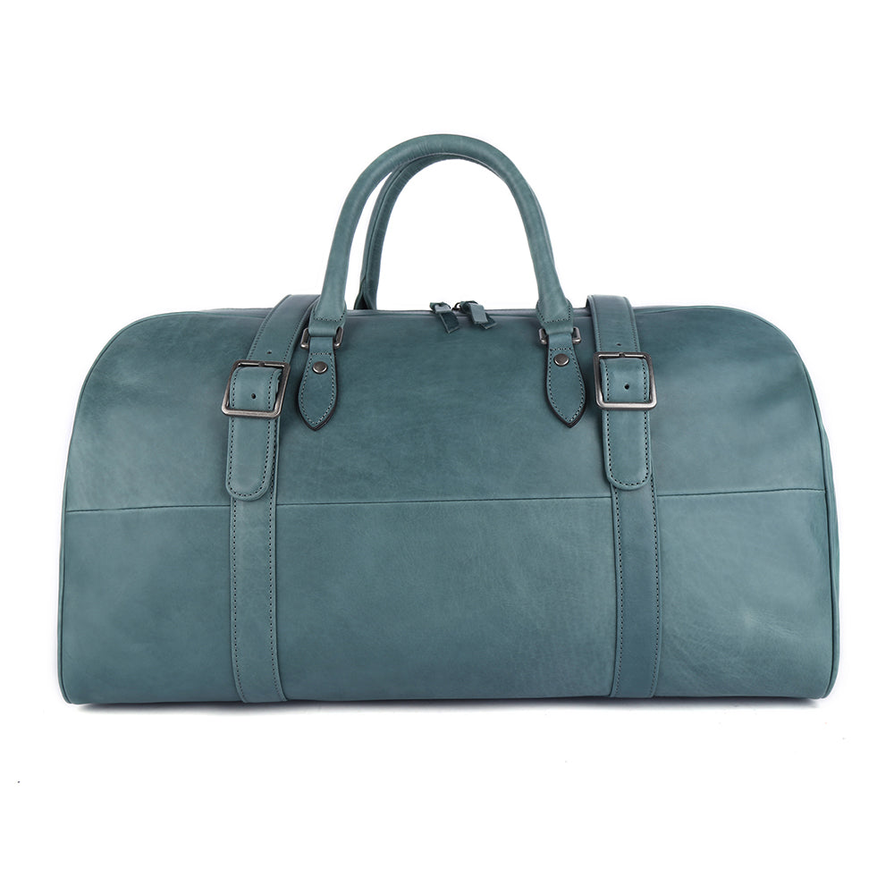blue leather duffle bag