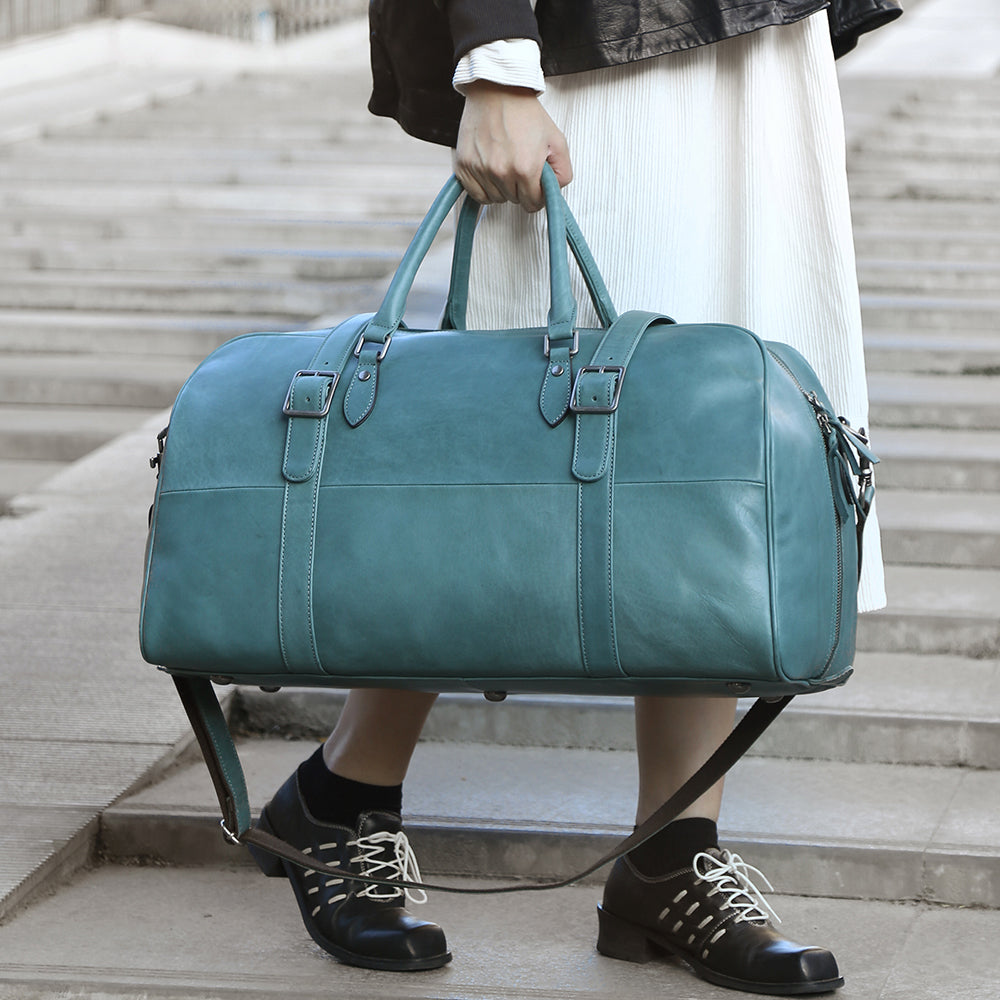 Blue leather 2025 duffle bag