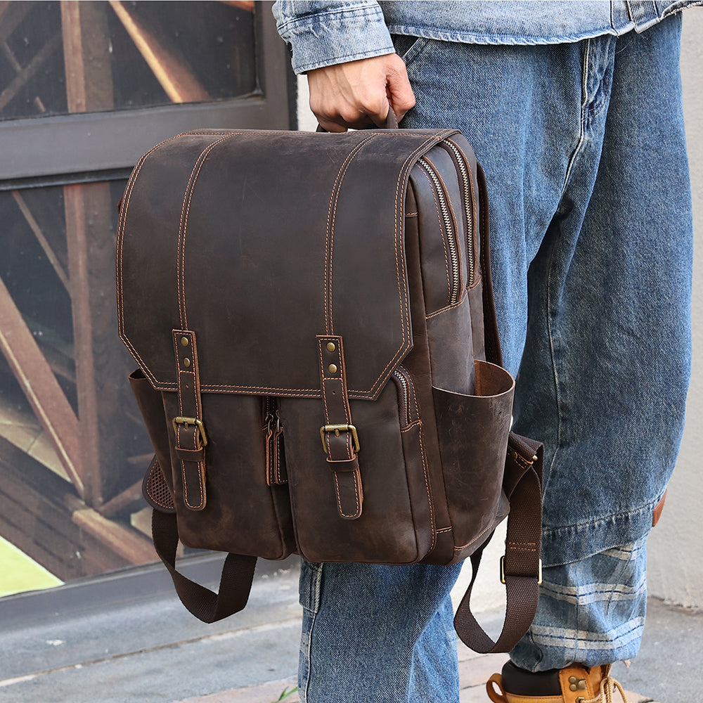 Men s Leather Backpack for Laptop Vintage Bookbag Travel