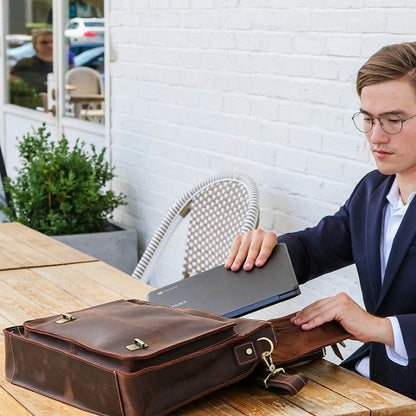 The Daily Men's Leather Messenger Bag for Laptops - Dark Brown Briefcase Table Laptop
