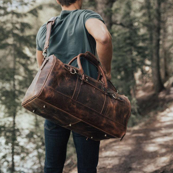 Men's Leather Duffel Bag - Airport Travel Weekend Bag Worn