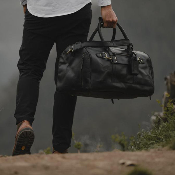 Men's Leather Duffel Bag - Airport Travel Weekend Bag Black 2