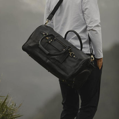 Men's Leather Duffel Bag - Airport Travel Weekend Bag Black Worn