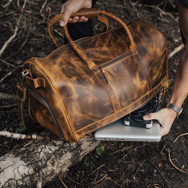 Men's Leather Duffel Bag - Airport Travel Weekend Bag Laptop 