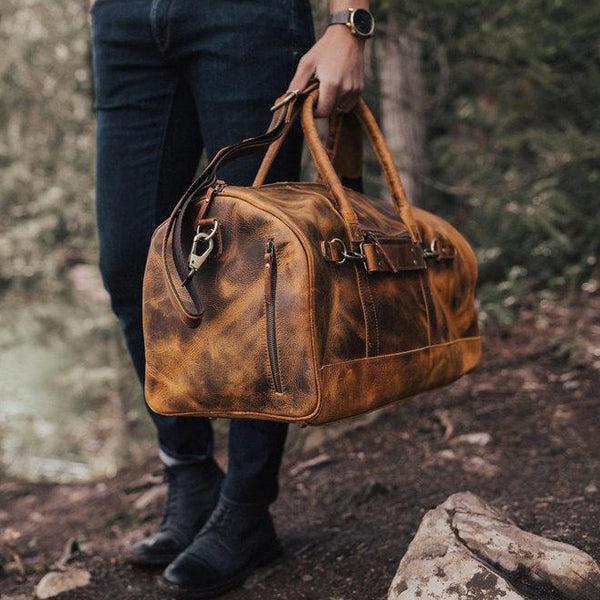 Men's Leather Duffel Bag - Airport Travel Weekend Bag Held 