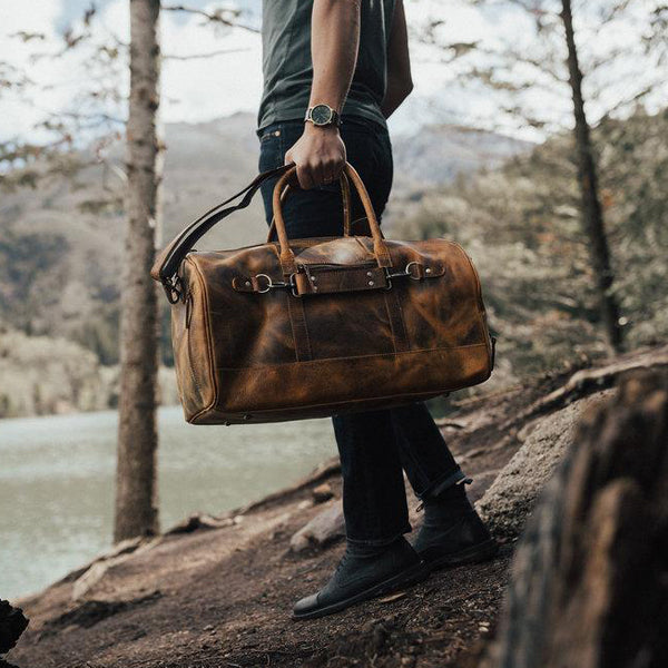 Men's Leather Duffel Bag - Airport Travel Weekend Bag Held