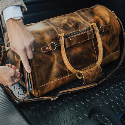 Men's Leather Duffel Bag - Airport Travel Weekend Bag Zipper