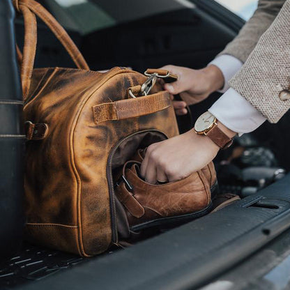 Men's Leather Duffel Bag - Airport Travel Weekend Bag Shoe
