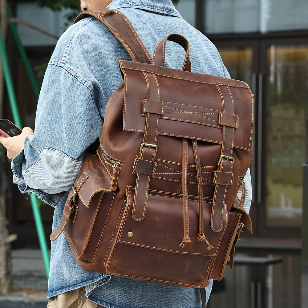 Leather travel clearance backpack for men