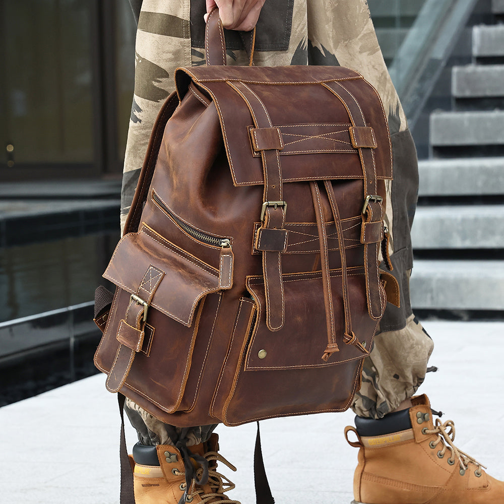 brown leather backpack for men with drawstring Men's Full-Grain Leather,Brown Handmade Rucksack Elwards the 14th version of the Perfecto Drawstring Vintage Leather Laptop Backpack