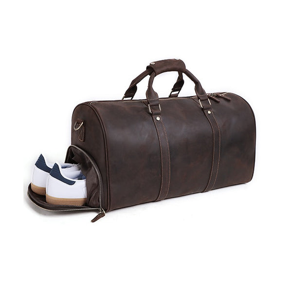 Leather Duffel Bag With Shoe Compartment Men Weekender 