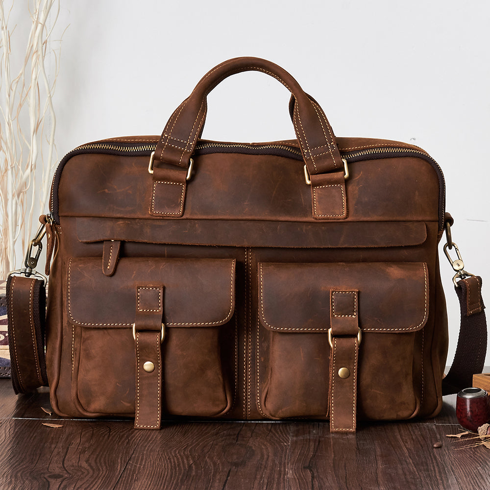 Men's Leather Laptop Bag Briefcase - Brown & Black Full Grain