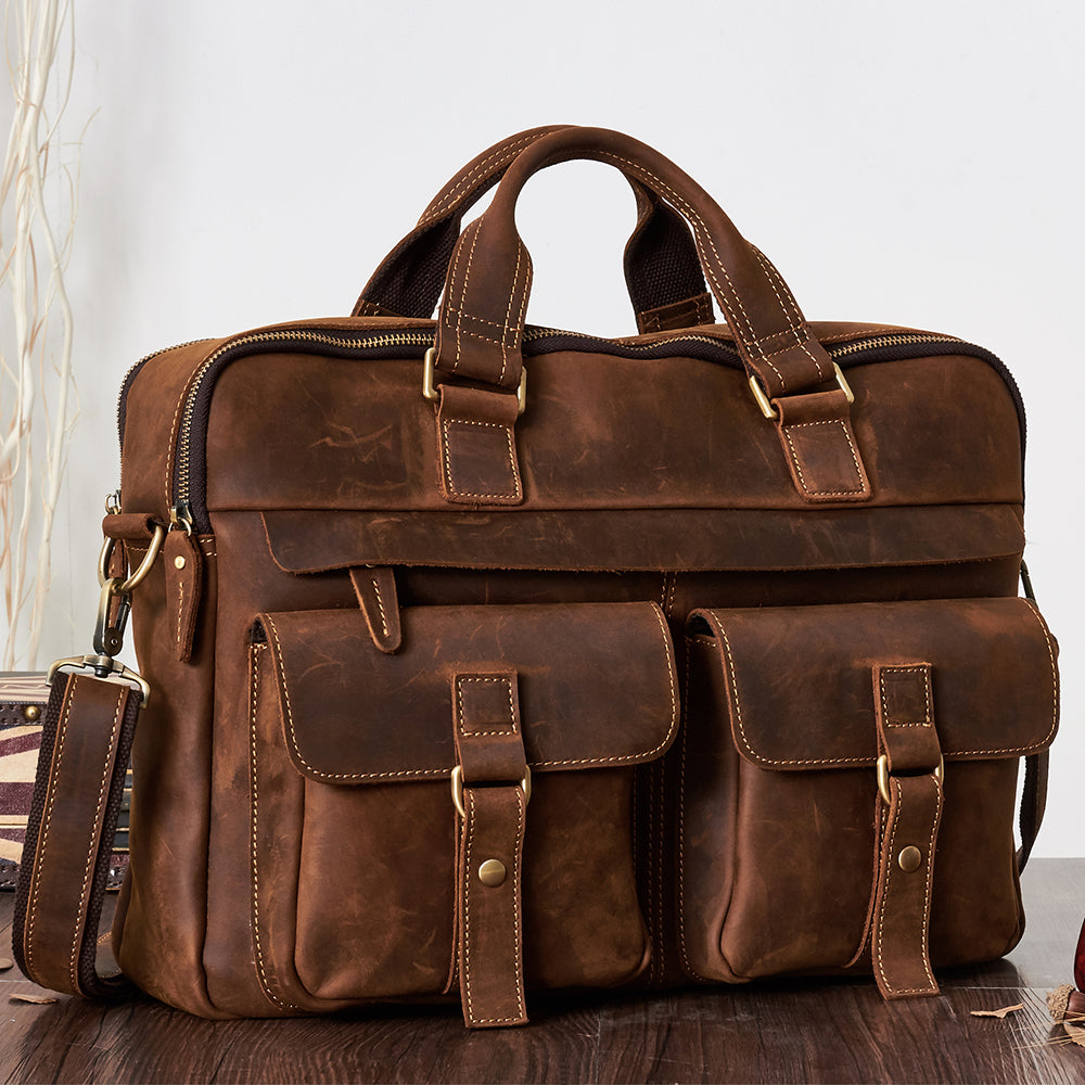 Men's Leather Laptop Bag Briefcase - Brown & Black Full Grain