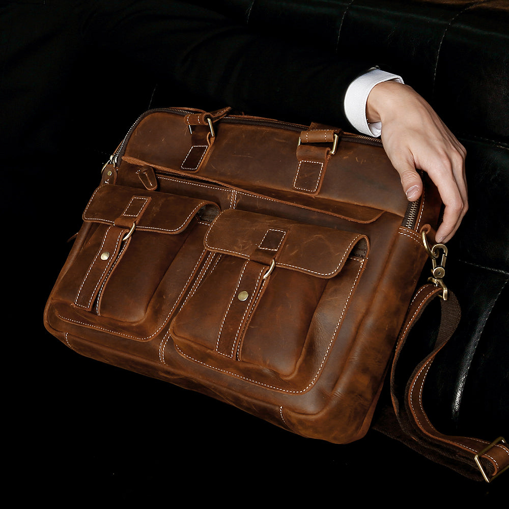 Men's Leather Laptop Bag Briefcase - Brown & Black Full Grain