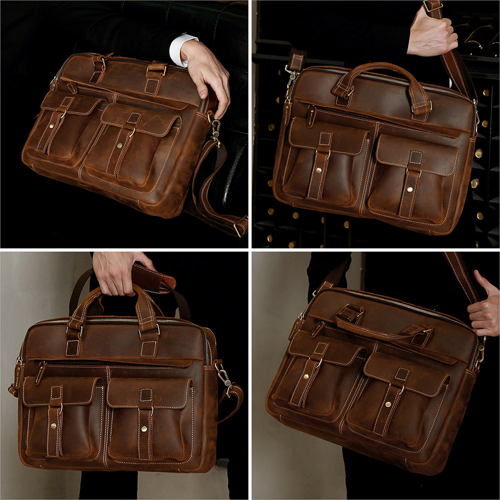 Men's Leather Laptop Bag Briefcase - Brown & Black Full Grain