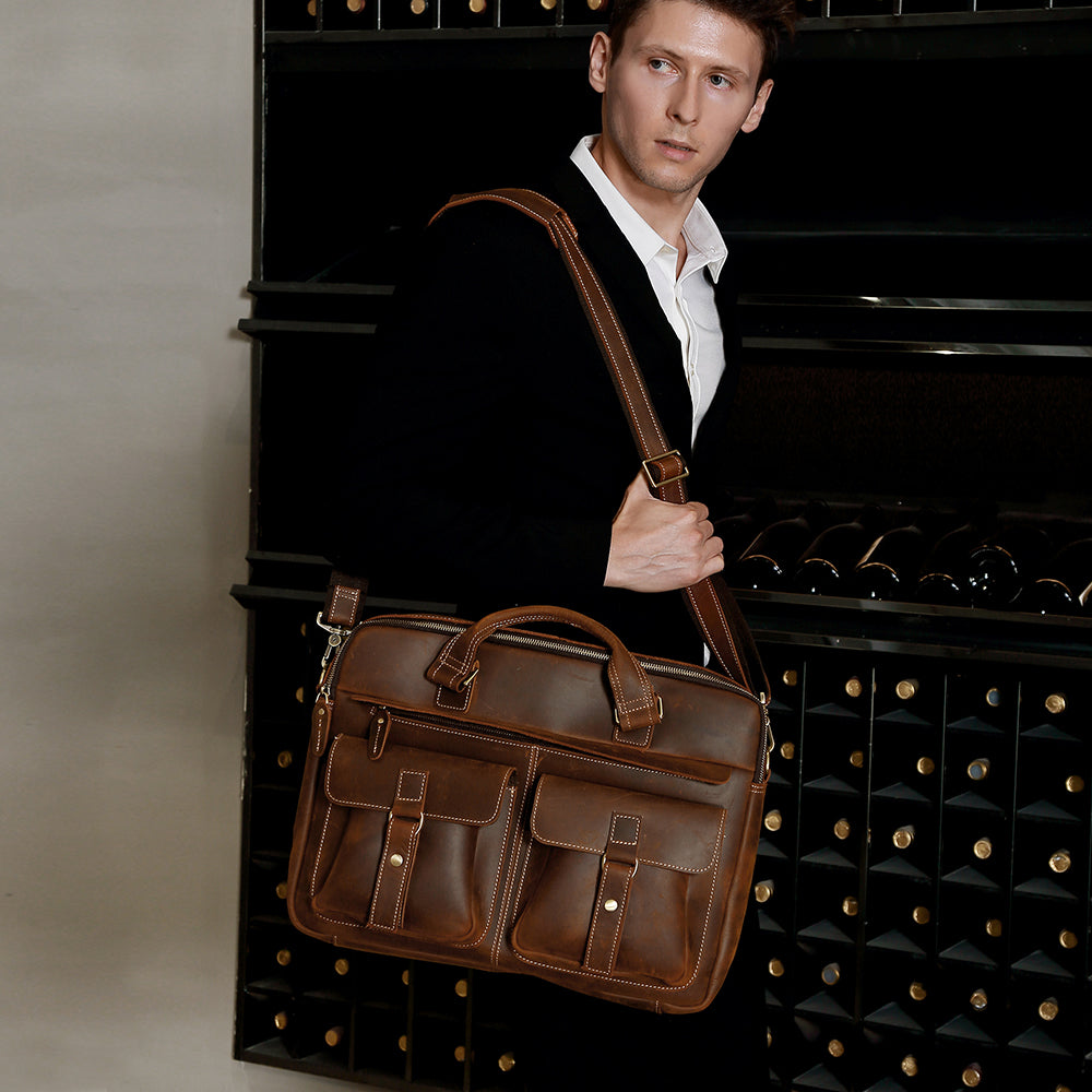 Men's Leather Laptop Bag Briefcase - Brown & Black Full Grain