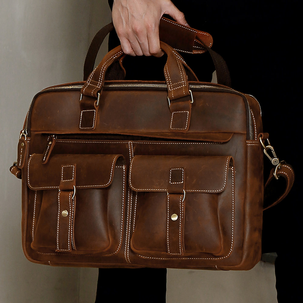 Men's Leather Laptop Bag Briefcase - Brown & Black Full Grain