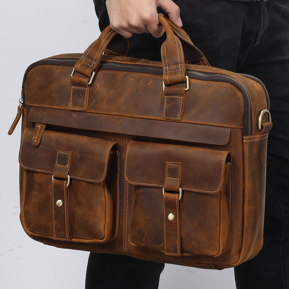 Men's Leather Laptop Bag Briefcase - Brown & Black Full Grain