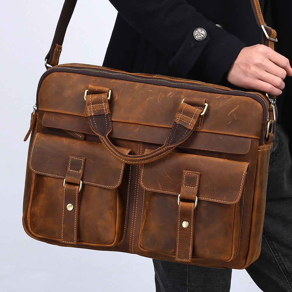 Men's Leather Laptop Bag Briefcase - Brown & Black Full Grain