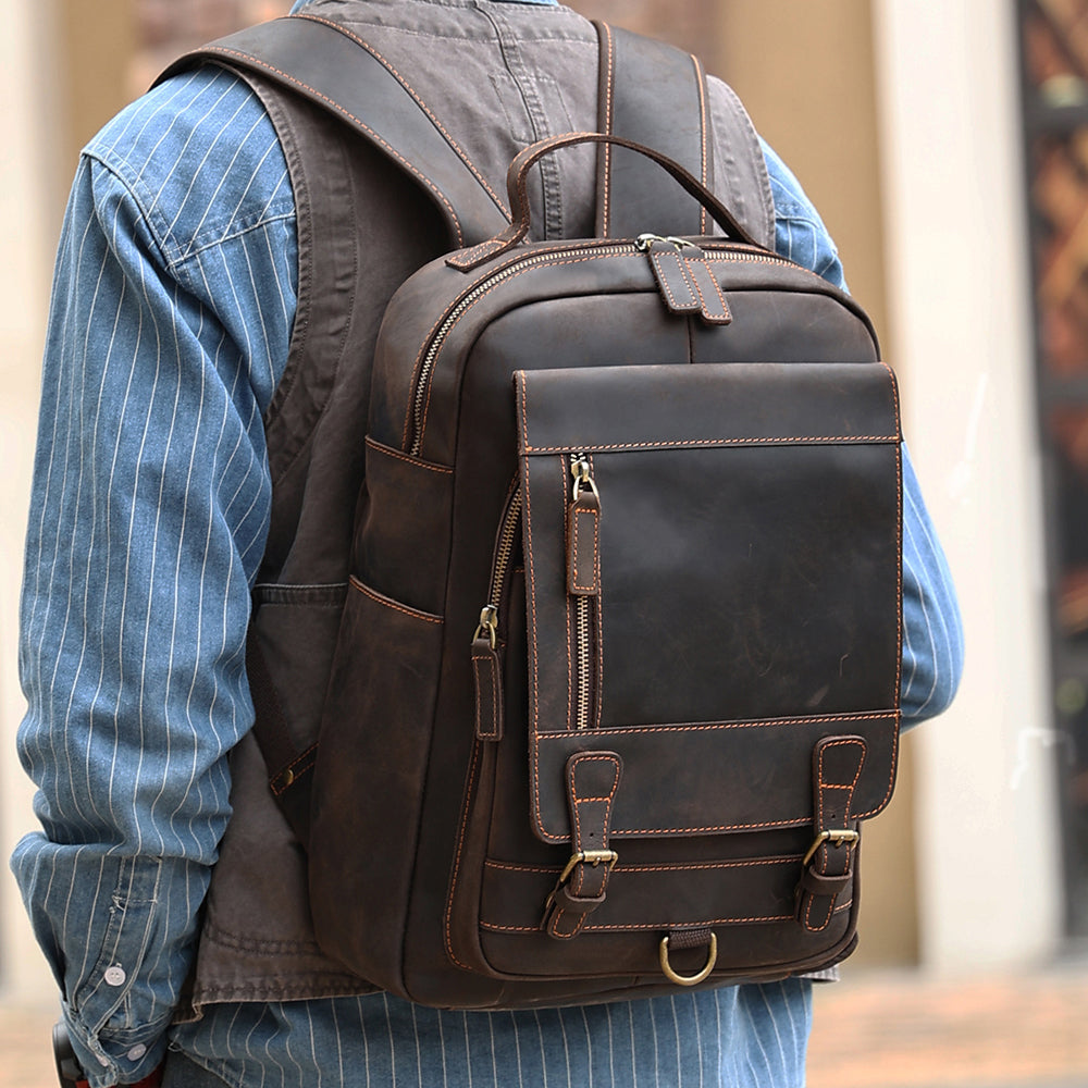 Grey leather 2024 backpack mens