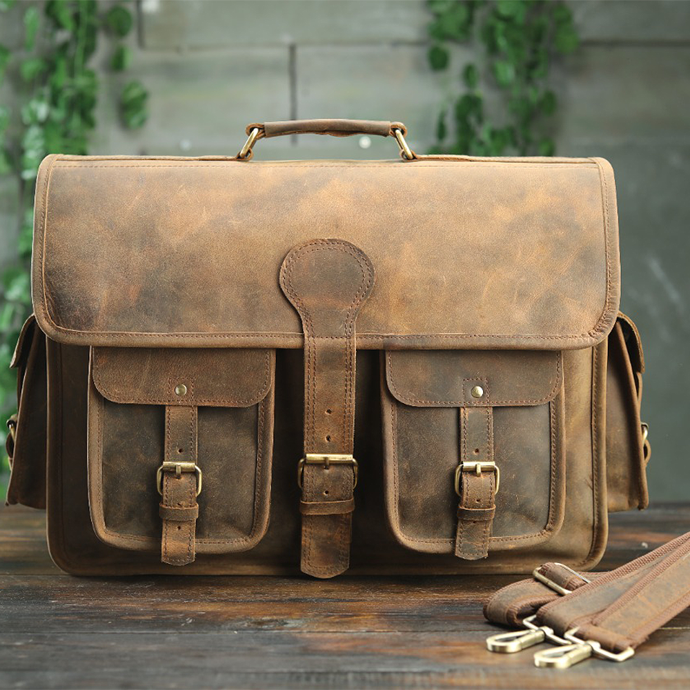 17"DHK Men Genuine Vintage Leather Messenger Shoulder Laptop Large Bag  Briefcase