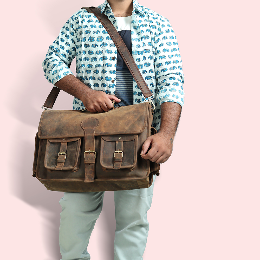 Mens leather and canvas messenger bag sales