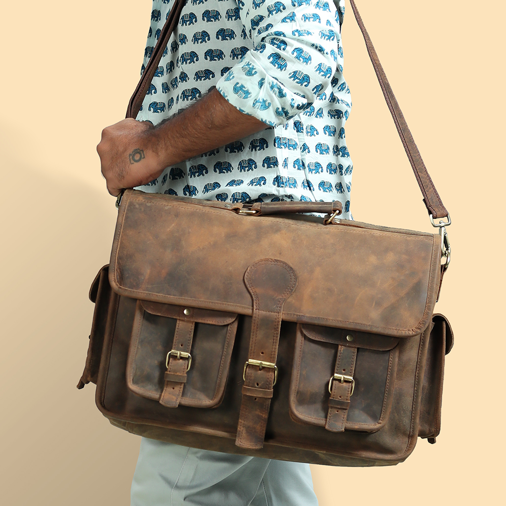 Men's Leather Laptop Messenger Bag for 17 Inch Laptops