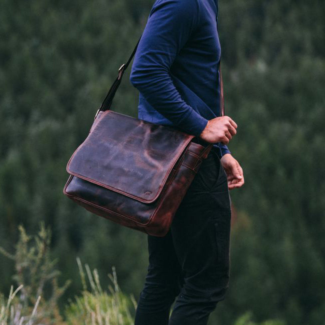 Leather Messenger Bag For Men For 15 and 17 Inch Laptops Brown Worn