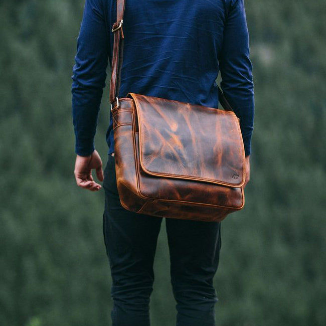 Leather Messenger Bag For Men For 15 and 17 Inch Laptops Brown Light Worn