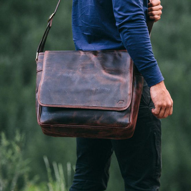 Leather Messenger Bag For Men For 15 and 17 Inch Laptops Brown Worn 2