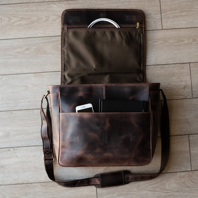 Leather Messenger Bag For Men For 15 and 17 Inch Laptops Brown Inside