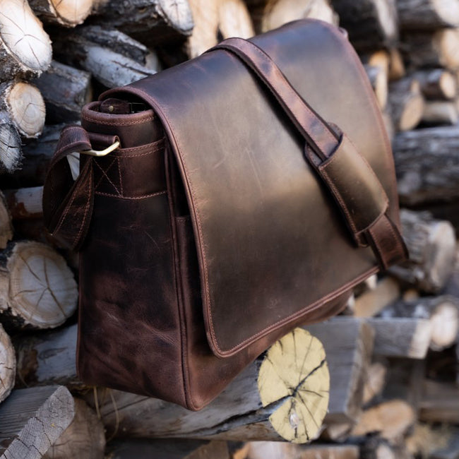 Leather Messenger Bag For Men For 15 and 17 Inch Laptops Brown Side