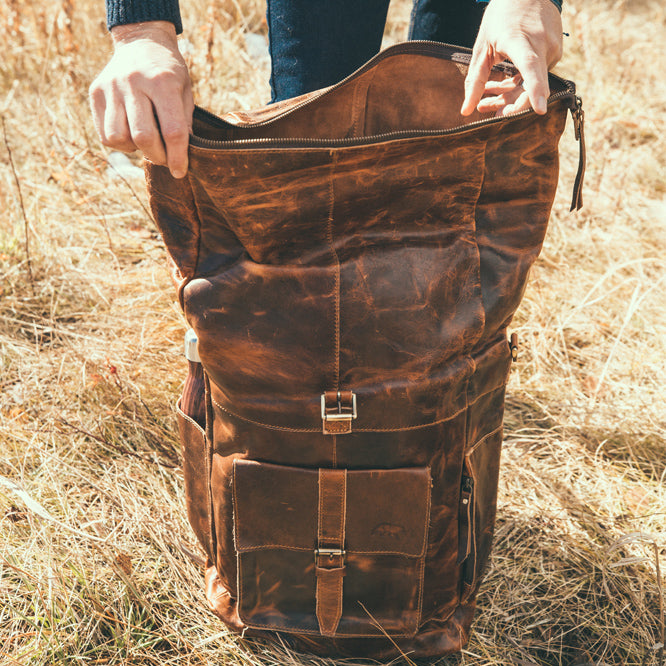 The Kobuk Men's Leather Backpack Roll Top Rucksack For Laptops Antique Brown Open